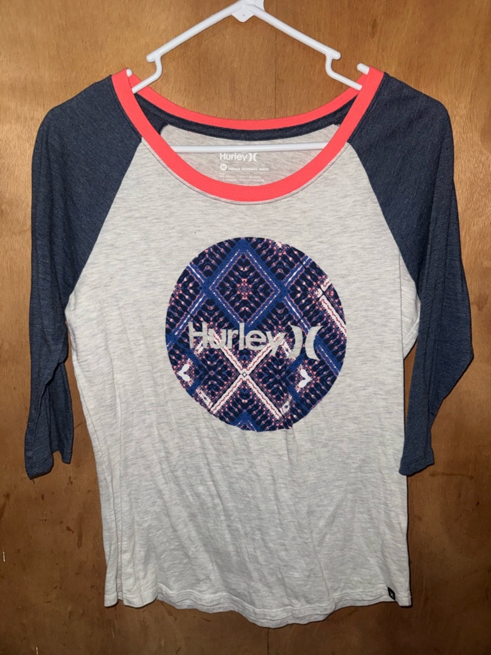 Hurley Heather White Raglan Tee with Navy Sleeves and Coral Trim